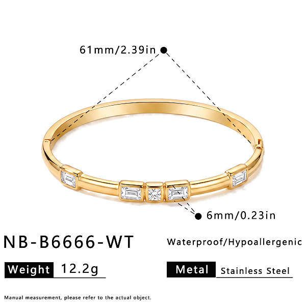 Bracelet manchette articulé en acier inoxydable 304 serti de zirconiums cubiques rectangulaires pavés