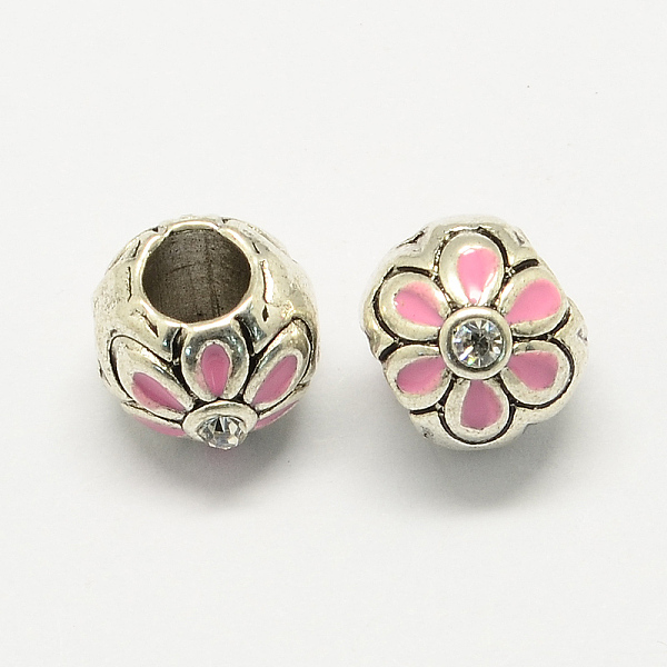 

PandaHall Alloy Rhinestone Enamel Style European Beads, Large Hole Round Beads with Flower, Pink, 10x9mm, Hole: 4.5mm Alloy...