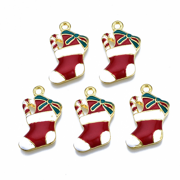 

PandaHall Rack Plating Alloy Enamel Pendants, Cadmium Free & Lead Free, Light Gold, Christmas Sock, FireBrick, 25x15x2.5mm, Hole: 2mm..., Red