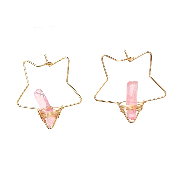 

PandaHall Electroplated Natural Quartz Wire Wrapped Earrings for Girl Women, Golden Star Brass Hoop Earrings, Pink, 35x35x6.5mm, Pin: 0.7mm...