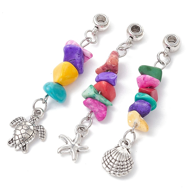 

PandaHall Dyed Synthetic Turquoise Chip Pendants, with Alloy Charms, Tortoise/Shell/Starfish, Mixed Color, 54~57mm, Hole: 3mm, 3pcs/set...., Multicolor