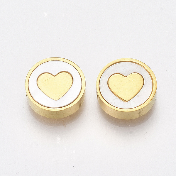 

PandaHall 304 Stainless Steel Beads, with Shell, Flat Round with Heart, Golden, 10x3mm, Hole: 1.6mm 304 Stainless Steel Flat Round