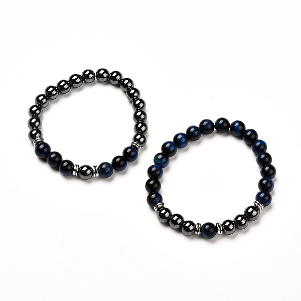 

PandaHall Natural Tiger Eye(Dyed) Beads Stretch Bracelets Set, with Non-Magnetic Synthetic Hematite Beads, Blue, Inner Diameter: 2 inch...