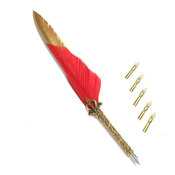 

PandaHall Feather Dipped Pen, with Alloy Pen Tip & Replacement Tips, for Teacher's Day, Red, 285x45mm Feather Feather Red