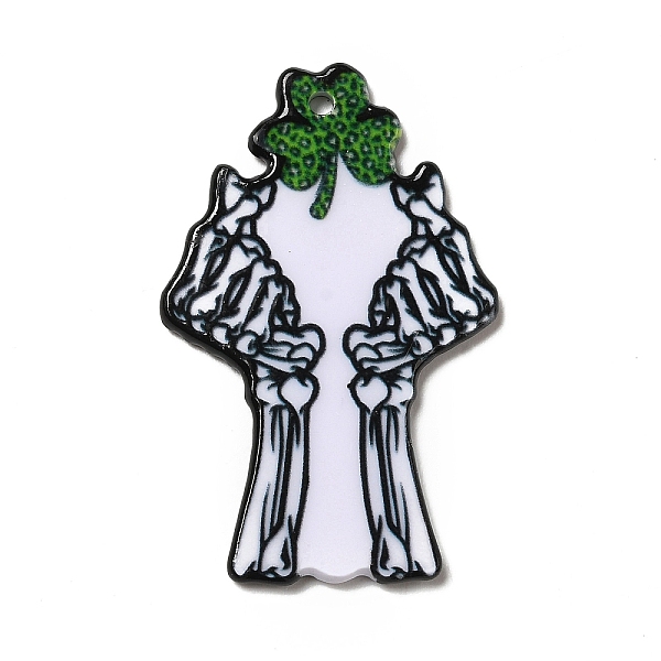 

PandaHall Halloween Printed Acrylic Pendants, Saint Patrick's Day, Skeleton Hand Charm, Hand Heart, 40.5x26x2mm, Hole: 2mm Acrylic Heart