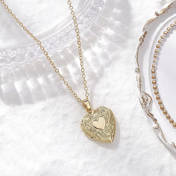 Brass Flower Heart Locket Pendant Cable Chain Necklaces for Women