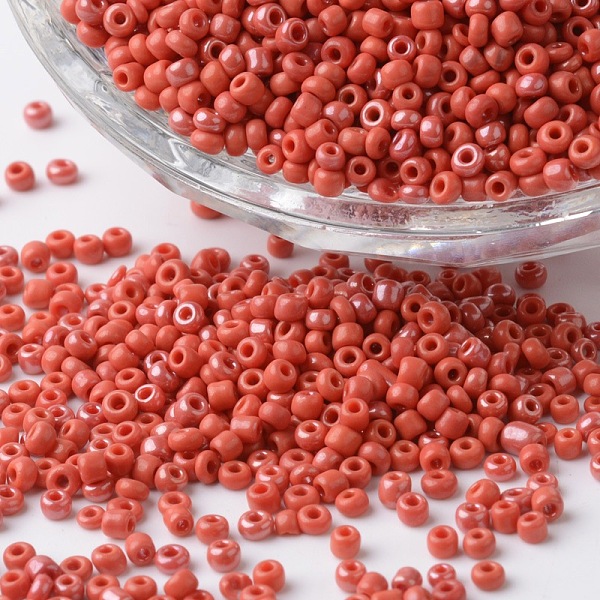 

PandaHall 12/0 Ceylon Pearl Luster Plated Round Glass Seed Beads, Orange Red, 2~3x1.5~2mm, Hole: 0.8~1mm, about 37500pcs/pound Glass Red