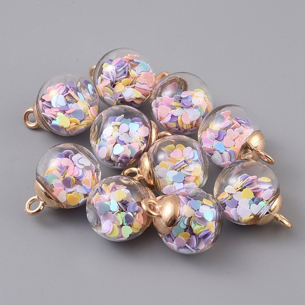 

PandaHall Transparent Glass Globe Pendant, with Heart Glitter Sequins inside and CCB Plastic Cup Peg Bails, Round, Golden, Colorful, 21x16mm...