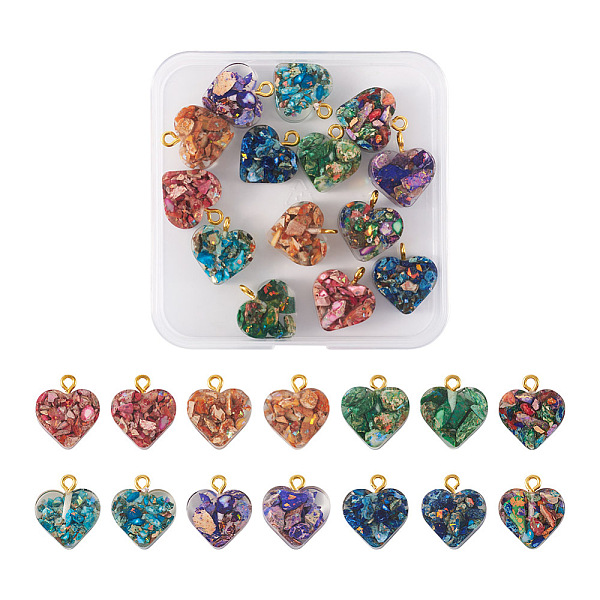 

PandaHall 14Pcs 7 Colors Transparent Resin Natural Imperial Jasper Dyed Chips Pendants, with Golden Tone Brass Loops, Heart Charm, Mixed..., Multicolor