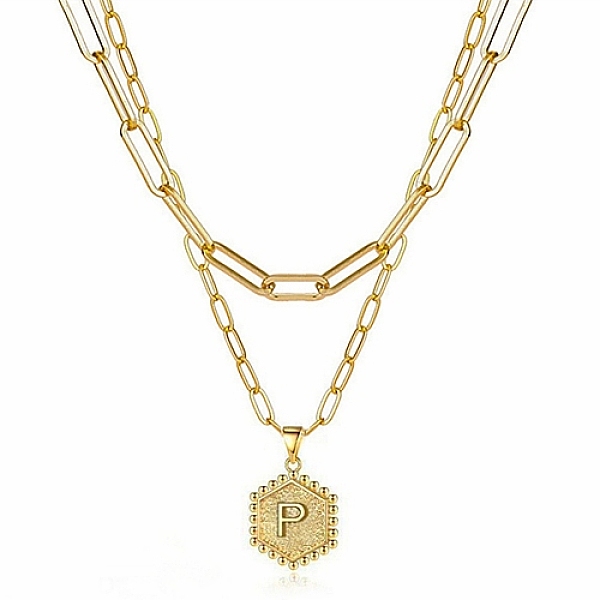 

PandaHall Real 18K Gold Plated Stainless Steel Paperclip Chains Double Layer Necklaces, Hexagon with Initial Letter Pendant Necklace, Letter...