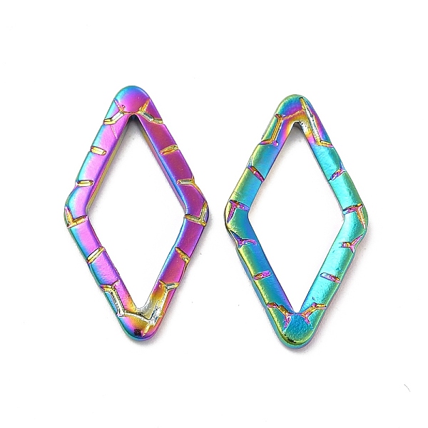

PandaHall Ion Plating(IP) 304 Stainless Steel Linking Ring, Textured, Rhombus, Rainbow Color, 24x13x1.5mm, Inner Diameter: 17x8.5mm 304...