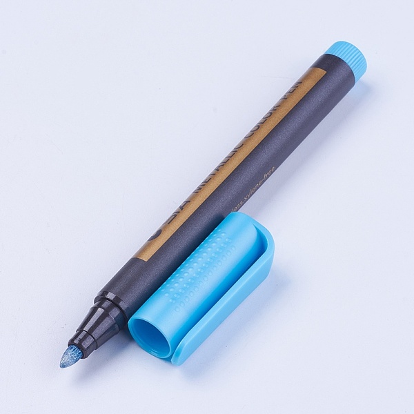 PandaHall Metallic Markers Paints Pens, Graffiti Highlighter Signature Pen, Deep Sky Blue, 141x12~17mm Plastic Blue