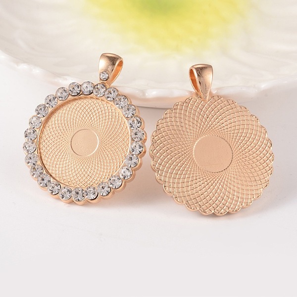 

PandaHall Flat Round Alloy Rhinestone Pendant Cabochon Settings, Cadmium Free & Lead Free, Light Gold, Crystal, Tray: 25mm, 43x34x3mm, Hole..., Clear