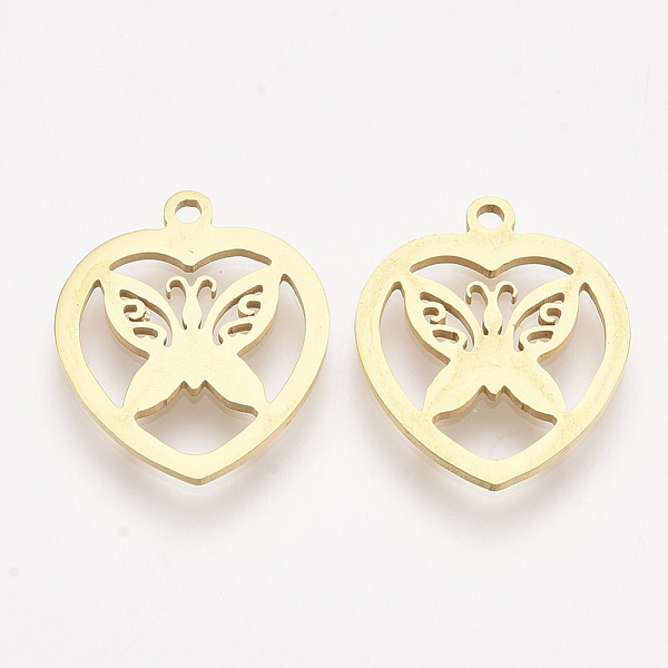 

PandaHall 201 Stainless Steel Pendants, Laser Cut Pendants, Heart with Butterfly, Golden, 17.5x15x1mm, Hole: 1.4mm 201 Stainless Steel Heart