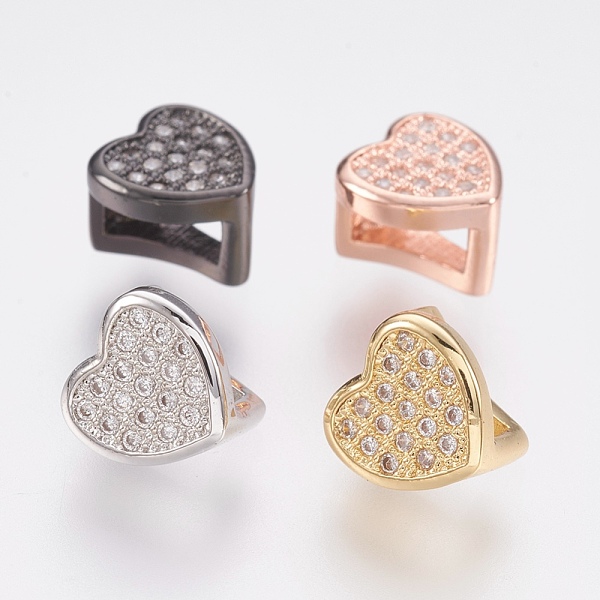 PandaHall Environmental Brass Micro Pave Cubic Zirconia Slide Charms, Lead Free & Cadmium Free, Heart, Mixed Color, 8.5x9x6.5mm, Hole: 3x6mm...