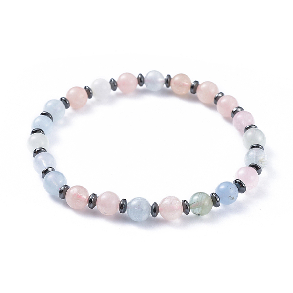 

PandaHall Natural Morganite Stretch Bracelets, with Non-Magnetic Synthetic Hematite Spacer Beads, 2-1/4 inch(5.7cm) Morganite