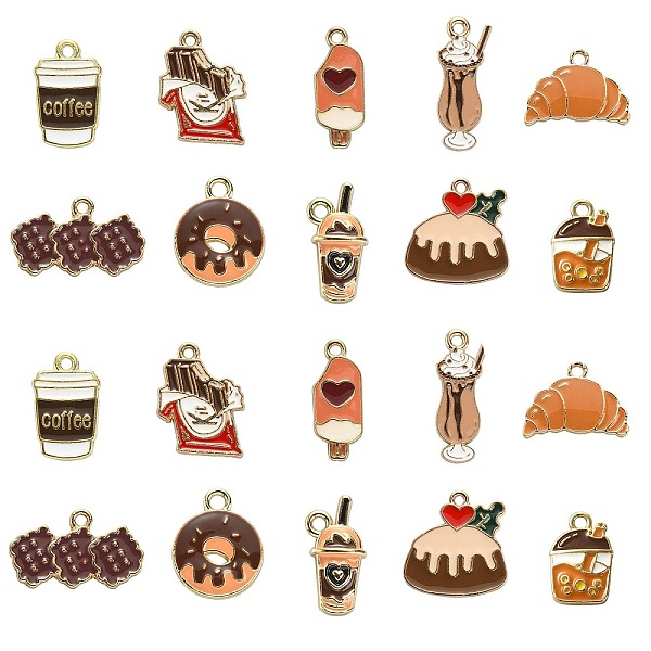 PandaHall 50Pcs 10 Styles Alloy Enamel Pendants, Light Gold, Dessert with Coffee Elements Charms, Coconut Brown, 12~23x8.5~20.5x1~2mm, Hole...