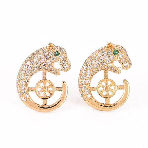 

PandaHall Brass Micro Pave Clear Cubic Zirconia Stud Earrings Findings, for Half Drilled Bead, Nickel Free, Leopard Shape, Real 18K Gold...