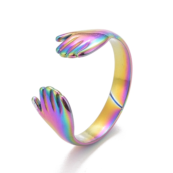 

PandaHall Ion Plating(IP) Rainbow Color 304 Stainless Steel Double Hand Hug Open Cuff Ring for Women, US Size 8 1/2(18.5mm) 304 Stainless...