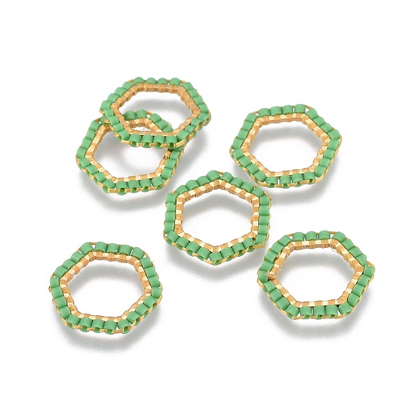 PandaHall MIYUKI & TOHO Handmade Japanese Seed Beads, with 304 Stainless Steel Link Rings, Loom Pattern, Hexagon, Golden, Medium Sea Green...