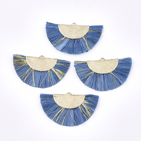 

PandaHall Raffia Tassel Pendants, with Metallic Cords & Brass Findings, Fan Shaped, Golden, Steel Blue, 27x45x3mm, Hole: 1x3mm Raffia Blue