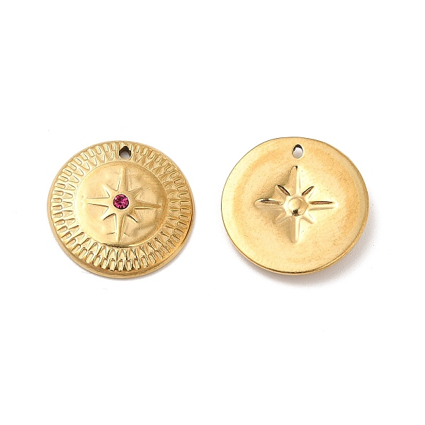 

PandaHall Vacuum Plating 201 Stainless Steel with Rhinestone Charms, Real 18K Gold Plated, Flat Round with Star Pattern, Fuchsia, 14x2mm..., Purple