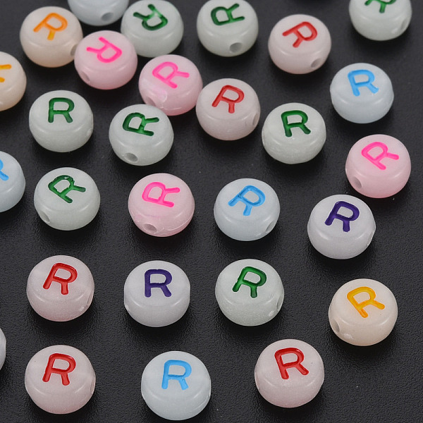 

PandaHall Acrylic Beads, Glow in the Dark, with Enamel and Luminous, Horizontal Hole, Flat Round with Alphabet, Letter.R, 6.5x7x4mm, Hole..., Multicolor