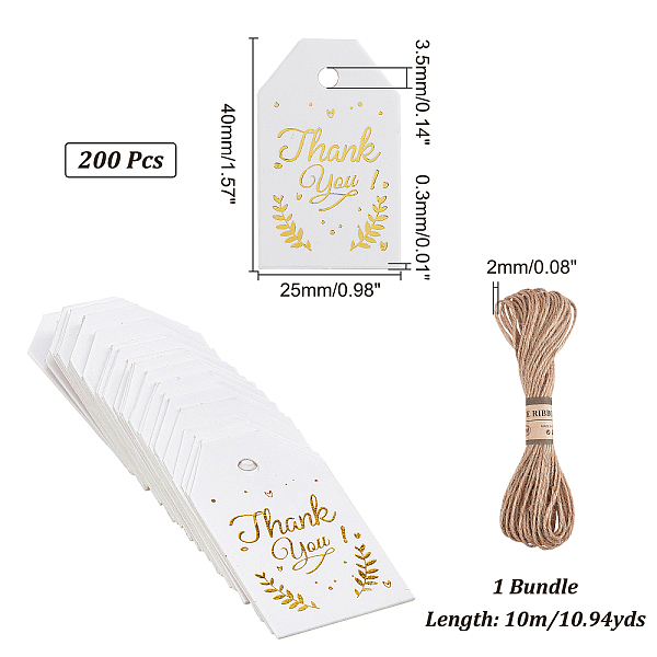 

PandaHall GLOBLELAND 200pcs Thank You Gift Tags Paper Gift Tags Gift Labels with 10m Jute Cord for Business Envelope Seals Wedding..., Gold