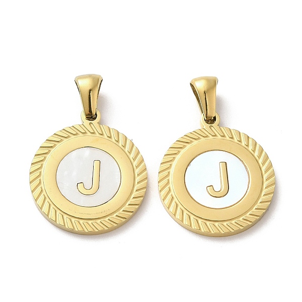

PandaHall Ion Plating(IP) 304 Stainless Steel Pendants, Flat Round Shell Charms with Letter, Golden, Letter J, 20.5x17.5x1.5mm, Hole...