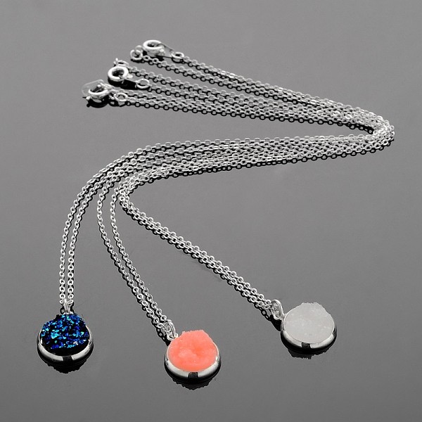 

PandaHall Silver Color Plated Flat Round Brass Druzy Resin Pendant Necklaces, with Cable Chains and Spring Ring Clasps, Mixed Color, 18 inch..., Multicolor