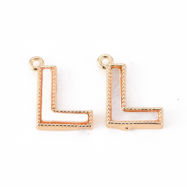 

PandaHall Brass Charms, with Shell, Real 18K Gold Plated, Nickel Free, Letter.L, 10.5x9x2mm, Hole: 0.9mm White Shell Letter L