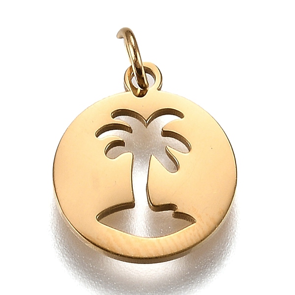 

PandaHall 316L Surgical Stainless Steel Pendants, with Jump Rings, Flat Round with Hollow Palm Tree, Real 18K Gold Plated, 16x13.5x1mm, Hole...