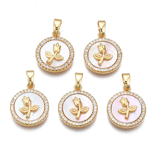 

PandaHall Brass Micro Pave Clear Cubic Zirconia Pendants, with Shell, Cadmium Free & Nickel Free & Lead Free, Flat Round with Flower, Real...