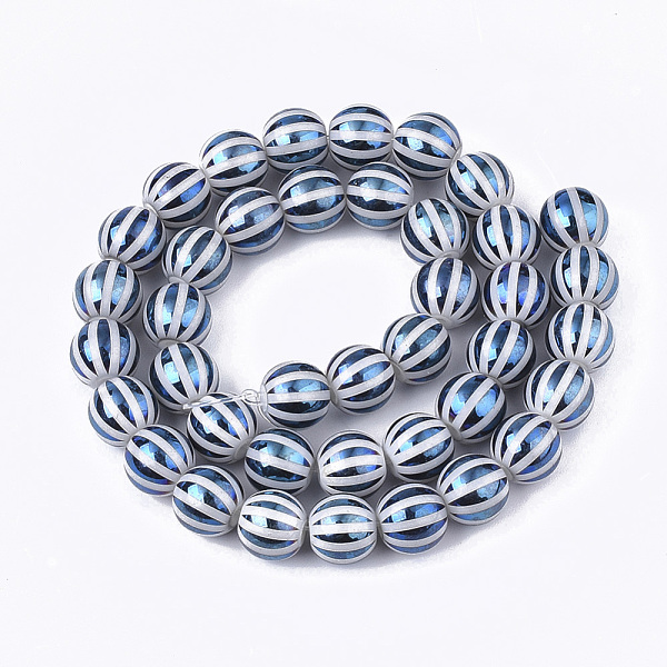 

PandaHall Electroplate Glass Beads Strands, Round with Stripe, Steel Blue, 8x7.5mm, Hole: 1.2mm, about 40pcs/strand, 11.8 inch Glass Round...