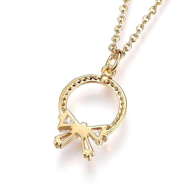 

PandaHall 304 Stainless Steel Pendant Necklaces, with Cubic Zirconia, Ring with Bowknot, Clear, Golden, 17.5 inch(44.8cm), Pendant...