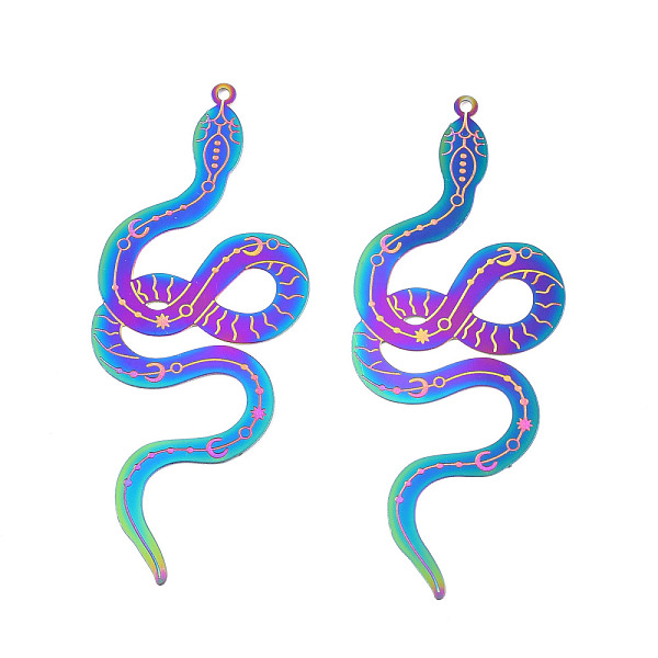 

PandaHall Ion Plating(IP) 304 Stainless Steel Filigree Big Pendants, Etched Metal Embellishments, Snake, Rainbow Color, 63x25x0.2mm, Hole...