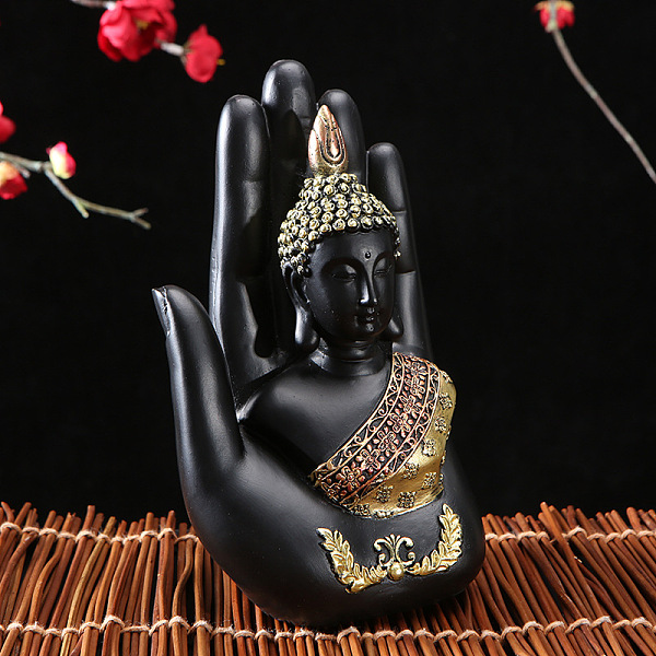 PandaHall Resin Palm with Buddha Figurines, for Home Desktop Decoration, Black, 70x105x180mm Resin Palm Black