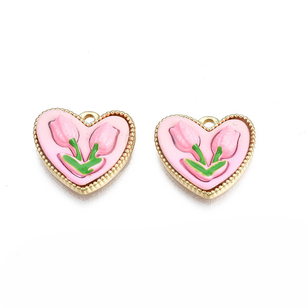 PandaHall Rack Plating Spray Painted Alloy Charms, with Enamel, Cadmium Free & Lead Free, Heart with Tulip Flower, Pearl Pink, 13x14.5x4.5mm...