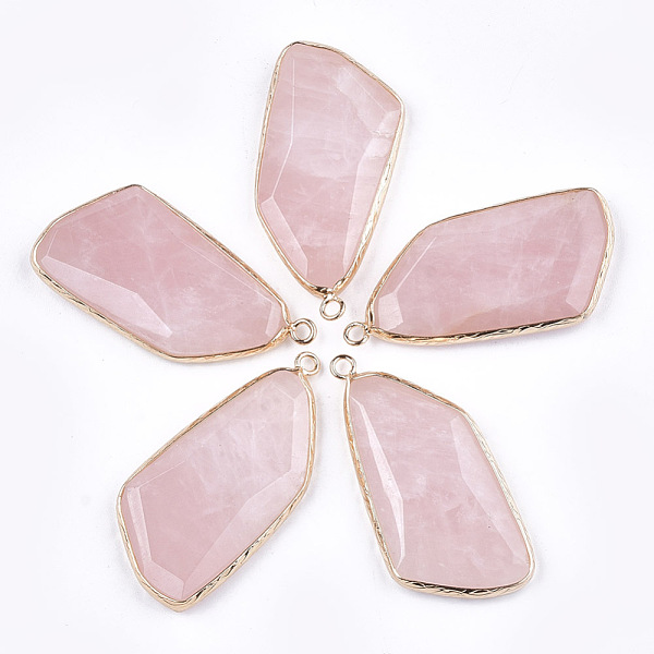 

PandaHall Natural Rose Quartz Pendants, with Brass Findings, Faceted, Golden, 43~47x22x6~7mm, Hole: 2mm Rose Quartz Nuggets