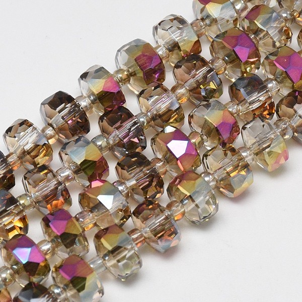 

PandaHall Electroplate Glass Beads Strands, Rainbow Plated, Faceted, Flat Round, Camel, 10x6mm, Hole: 1.5mm, about 60pcs/strand, 18.9 inch..., Brown