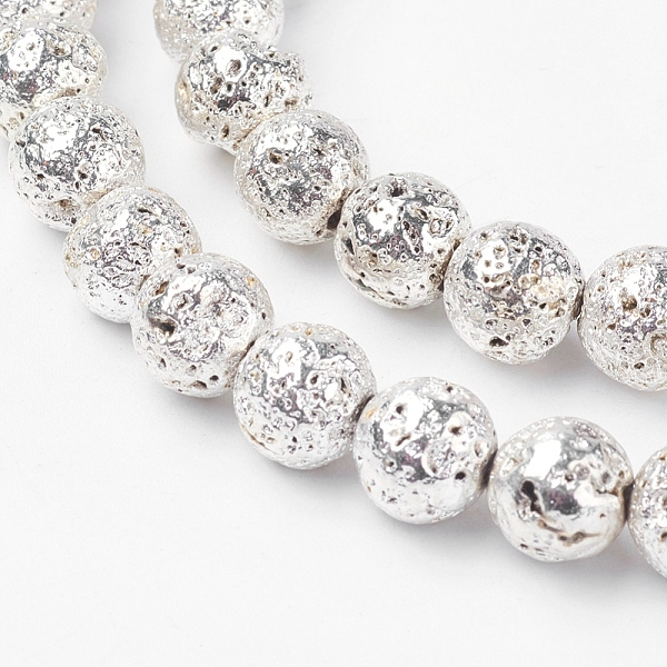 PandaHall Electroplated Natural Lava Rock Bead Strands, Round, Bumpy, Silver, 8~9mm, Hole: 1mm, about 44pcs/strand, 14.3 inch(36.5cm) Lava