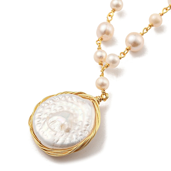

PandaHall Natural Pearl Oval Pendant Necklaces, Real 14K Gold Plated Brass Jewelry for Women, Seashell Color, 22.44 inch(57cm), Oval: about...