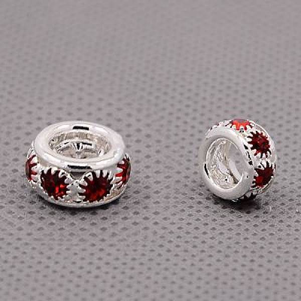 

PandaHall Brass Rhinestone European Beads, Large Hole Beads, Grade A, Rondelle, Silver Color Plated, Light Siam, 10x5~6mm, Hole: 5mm..., Red