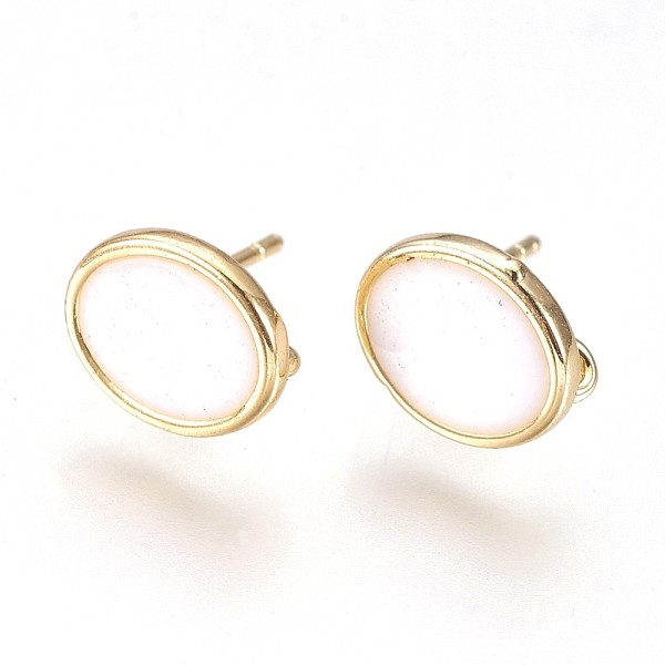 

PandaHall Brass Stud Earring Findings, with Loop, Enamel, Nickel Free, Flat Round, Real 18K Gold Plated, White, 10x8x2mm, Hole: 1.5mm, Pin...