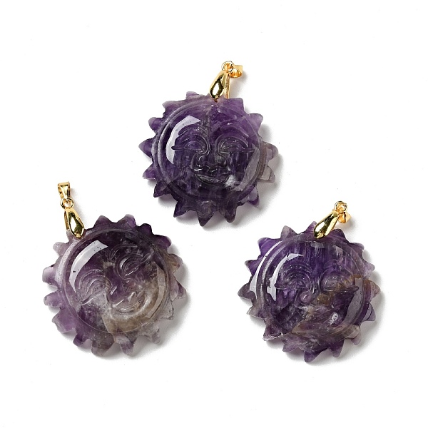 

PandaHall Natural Amethyst Pendants, with Golden Tone Brass Findings, Lead Free & Cadmium Free, Sun with Smiling Face, 42x34~35x10.5mm, Hole...