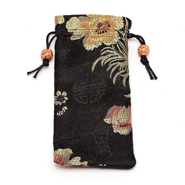 PandaHall Polyester Pouches, Drawstring Bag, with Wood Beads, Rectangle with Floral Pattern, Black, 16~17x7.8~8x0.35cm Polyester Flower...