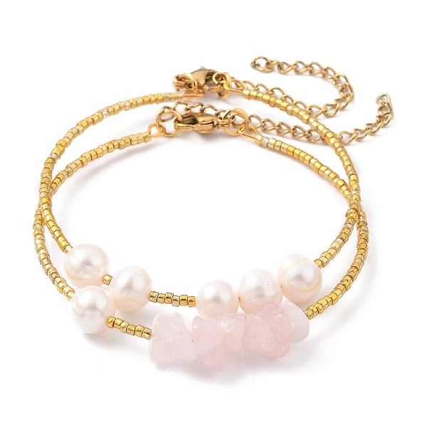 

PandaHall Plated Glass Bugle Beaded Bracelets Sets, Stackable Bracelets, with Chip Natural Rose Quartz Beads, Natural Pearl Beads and 304...
