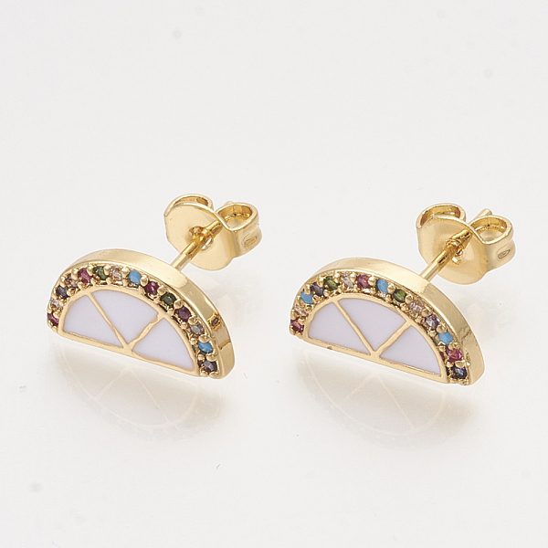 

PandaHall Brass Cubic Zirconia Stud Earrings, with Enamel and Ear Nuts, Half Round/Semicircle, Golden, White, 6x12mm, Pin: 0.7mm Cubic...