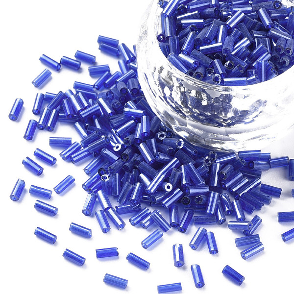 

PandaHall Transparent Colours Luster Glass Bugle Beads, Round Hole, Royal Blue, 3~8x2mm, Hole: 0.7mm, about 450g/pound Glass