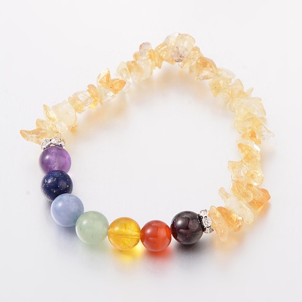 

PandaHall Natural Citrine(Dyed & Heated) Chips and Round Chakra Natural Gemstone Beaded Stretch Bracelets, 50~53mm Citrine Orange